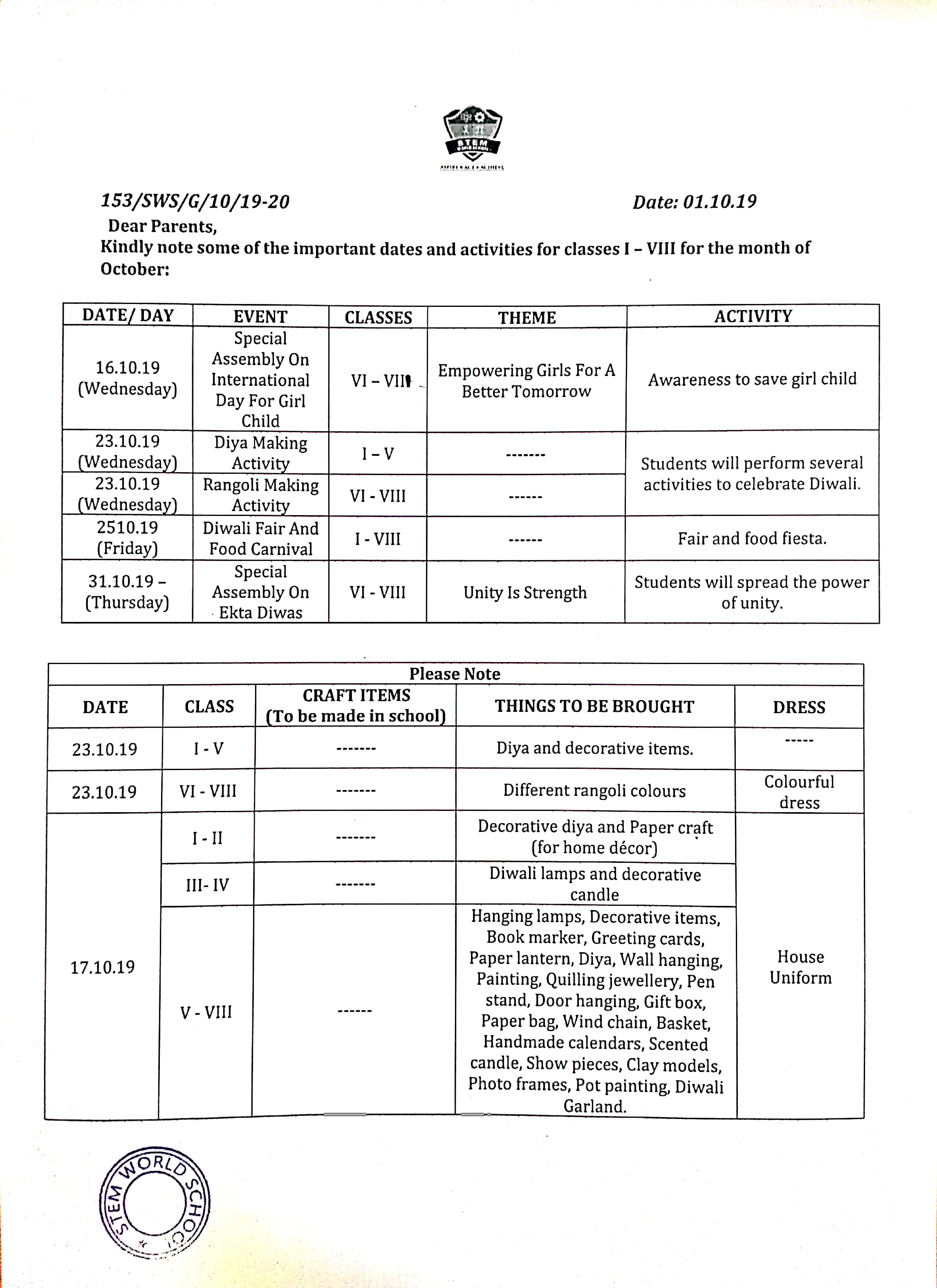 OCTOBER ACTIVITY NOTICE I-VIII