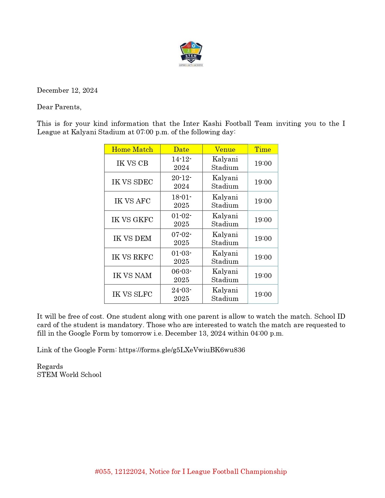 Notice for I League Football Championship